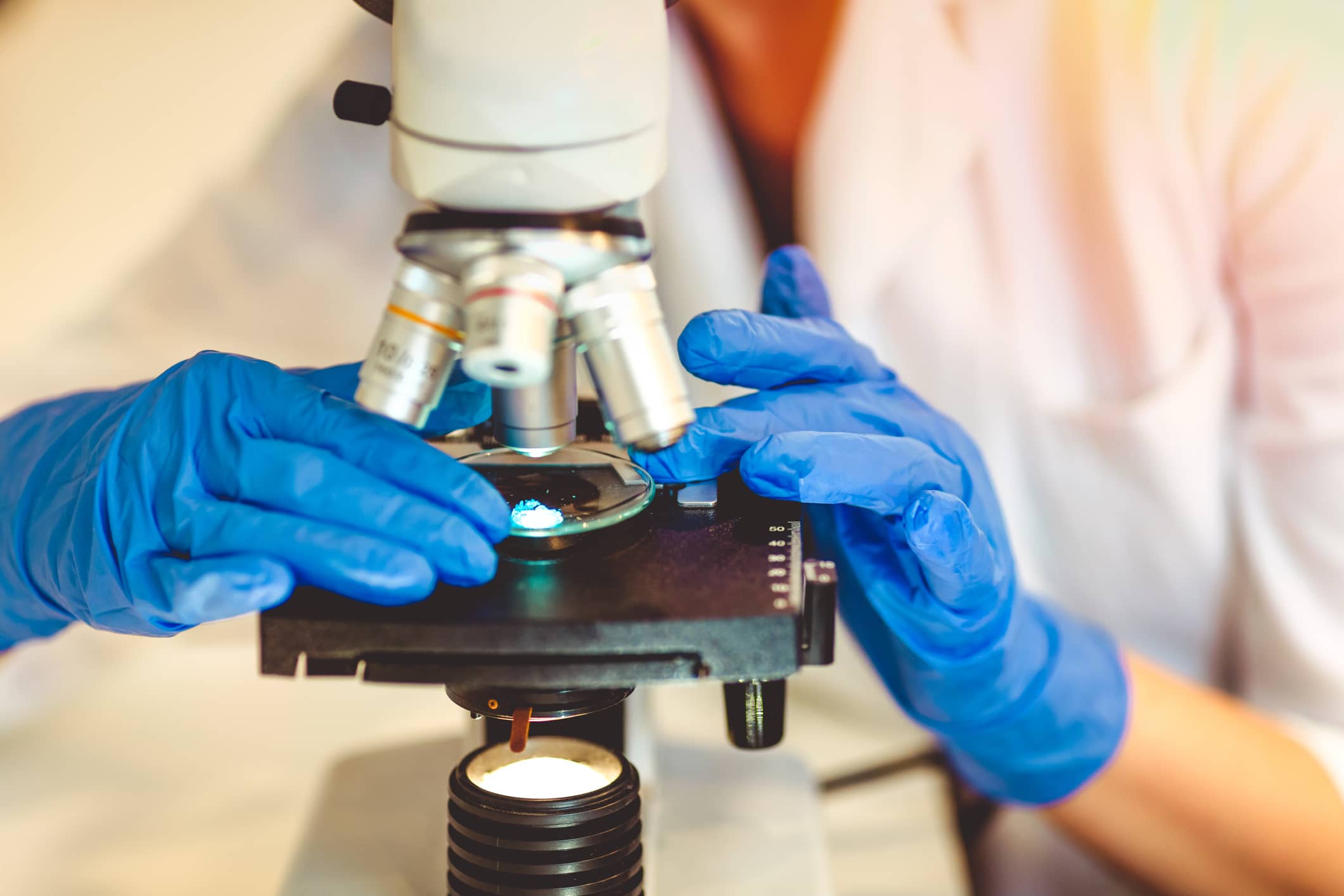 Histologist looking at slide through a microscope